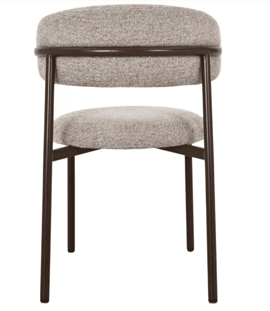 An armless modern dining chair featuring a light gray textured fabric upholstery for both the seat and a distinct, rounded backrest. The seating components are supported by a slender, dark brown metal frame with four straight legs. — 3D model