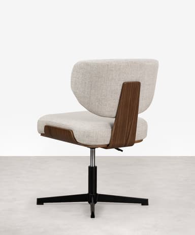 An upholstered swivel chair featuring a distinct curved bentwood shell that forms the lower back and seat structure, contrasted with a light-colored fabric upholstery for comfort. The chair rests on a matte black four-star swivel base. — 3D model
