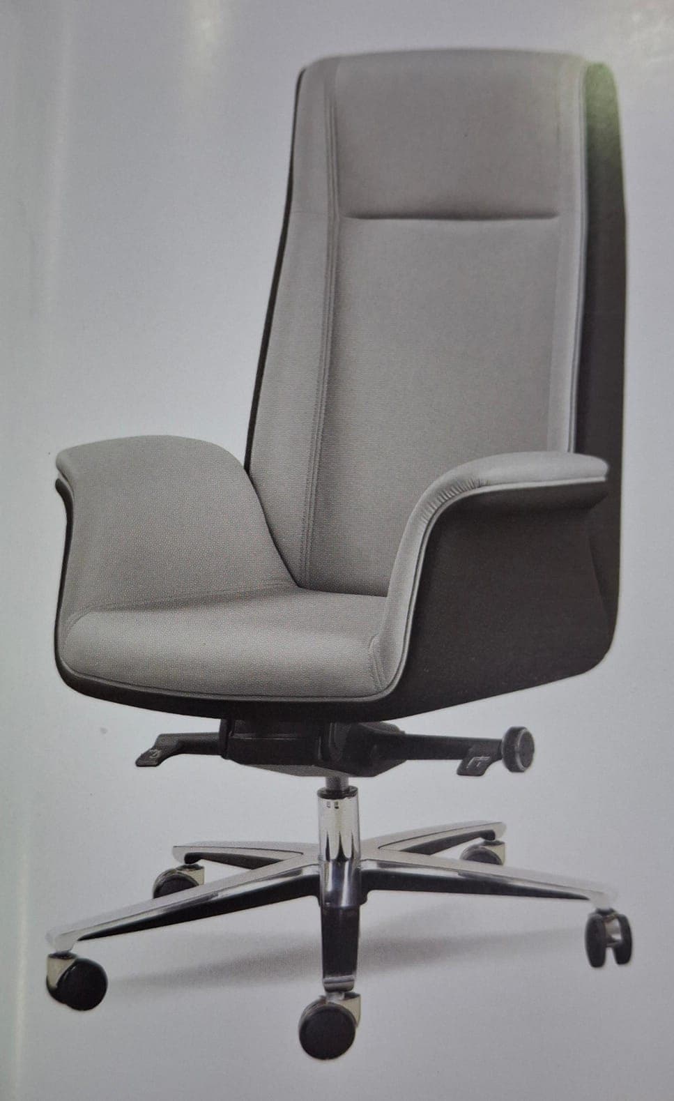 A modern office chair with a high backrest and integrated armrests. The chair features a five-star base with casters for mobility. The upholstery appears to be a textured fabric, and the frame elements are dark. — 3D model