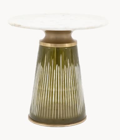 A small, pedestal-style end table featuring a round, white marble top with grey veining. The pedestal base is composed of two sections: an upper, flared metallic bronze element and a lower, conical section made of textured, translucent olive-green glass with vertical fluting. A thin metallic band encircles the base of the glass section. — 3D model