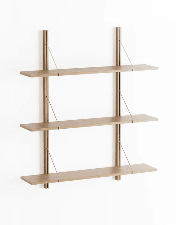 A wall-mounted modular shelving system featuring three light-toned wooden shelves supported by two vertical wooden standards with integrated slots. Thin metal rods provide additional diagonal support for each shelf. — 3D model