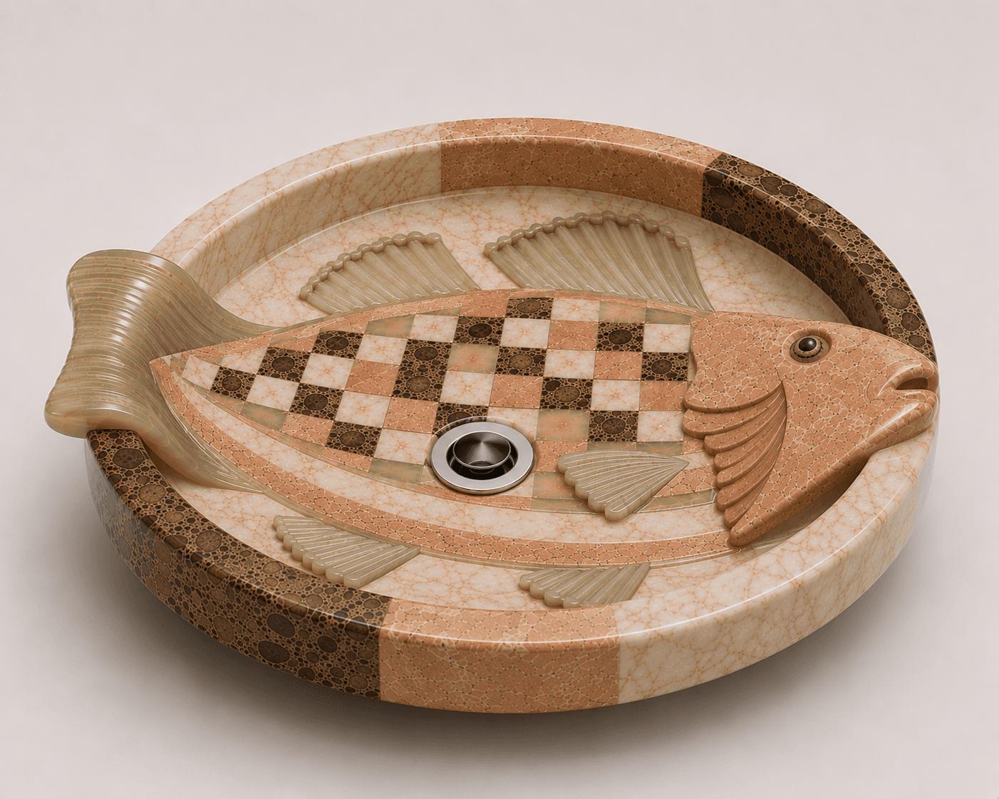 A highly decorative vessel sink shaped like a fish, crafted from multiple types of natural stone in various earthy tones and textures. The fish's body features an intricate mosaic pattern, including checkerboard and banded designs. Translucent, ribbed elements, likely resin or onyx, form the fins and tail, providing a contrasting material and visual interest. A standard metal drain is situated centrally within the fish's body. The circular perimeter of the basin is segmented, displaying different speckled and veined stone patterns. — 3D model