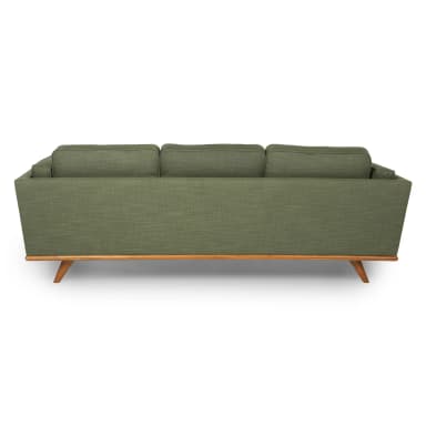 A sofa with a green, textured fabric upholstery. It features three back cushions and has a visible wooden base and tapered legs, suggesting a mid-century modern aesthetic. The overall construction appears to be upholstered with a supportive frame. — 3D model