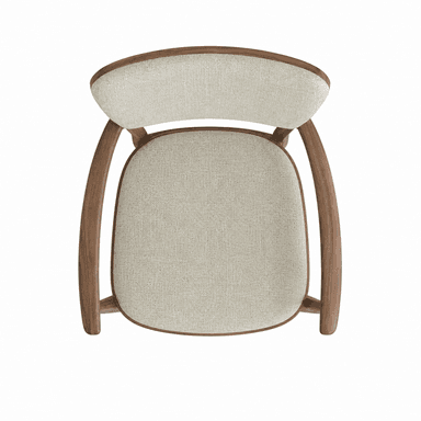 A contemporary wooden armchair with an upholstered seat and backrest, featuring a warm-toned wooden frame and light-colored fabric. — 3D model