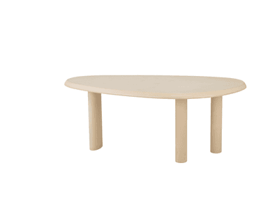 A low-profile coffee table with a freeform, organic-shaped top and three cylindrical legs. The table has a light, neutral color and appears to be made of wood. — 3D model