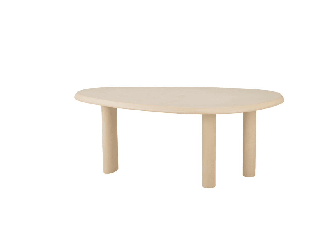 A low-profile coffee table with a freeform, organic-shaped top and three cylindrical legs. The table has a light, neutral color and appears to be made of wood. — 3D model