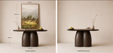 A contemporary console table crafted from dark wood, featuring an elongated oval tabletop supported by a unique, sculptural double-column base composed of two integrated, rounded pillars. — 3D model