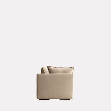 A contemporary two-seater sofa upholstered in a light beige or greige textured fabric. It features a clean, low-profile base, broad track arms, and plush, overstuffed seat and back cushions. The design emphasizes comfort and a relaxed modern aesthetic. — 3D model