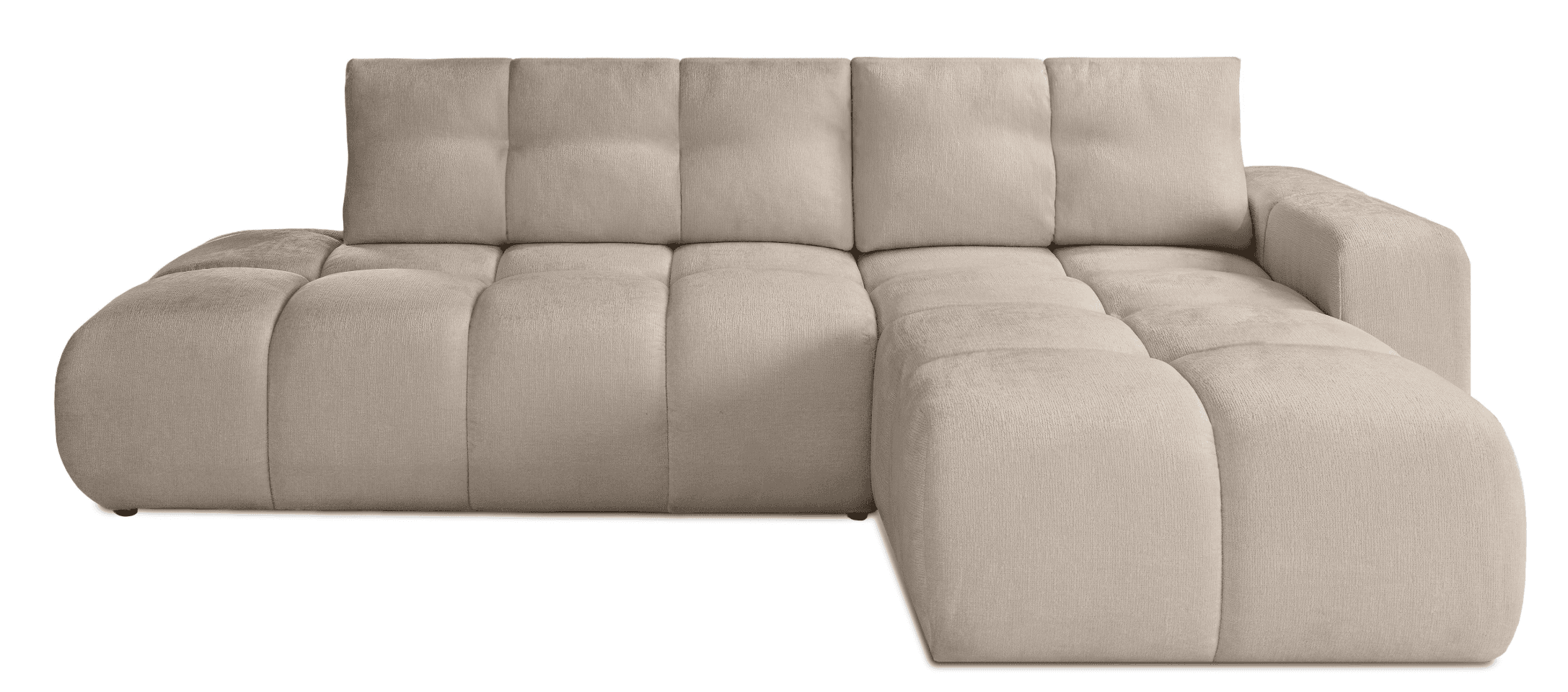 A light beige upholstered sectional sofa featuring a right-hand facing chaise lounge and an armrest on the left side. Both the backrests and seat cushions display distinct vertical tufting. — 3D model
