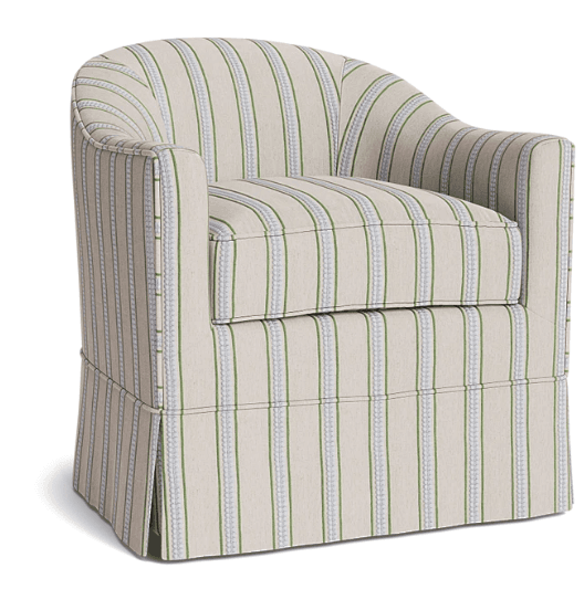 An upholstered armchair featuring a barrel back design, track arms, a loose seat cushion, and a tailored fabric skirt concealing the base. The fabric features a pattern of vertical stripes in cream, muted green, and light blue. — 3D model
