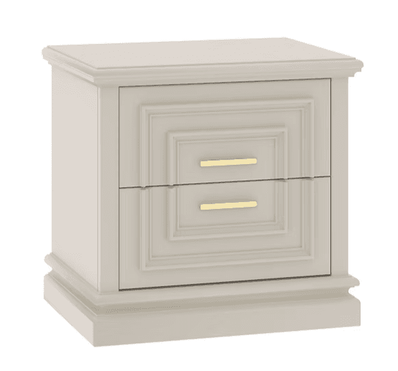 A two-drawer nightstand in a light greige finish featuring prominent recessed panel detailing on the drawer fronts, gold bar pull handles, and a decorative molded plinth base. — 3D model