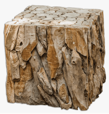 A cube-shaped accent table constructed from irregular pieces of natural wood, likely teak, with a top surface composed of circular wood slices. — 3D model