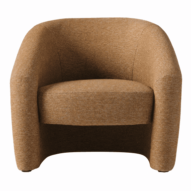 A contemporary barrel-back armchair featuring a continuous rounded back and integrated arms, fully upholstered in a textured, earthy brown fabric. The chair has a solid, low-profile base that gives it a legless or floating appearance. — 3D model