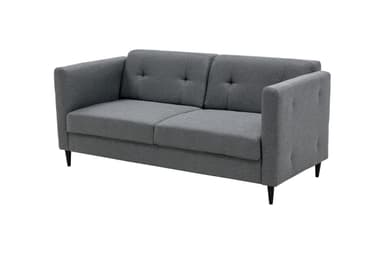 A close-up view of a grey upholstered furniture piece, featuring a vertically ribbed or seamed textile surface and a single black, tapered leg visible below. The fabric appears to be a textured, possibly woven, material, indicating a modern or contemporary design. — 3D model