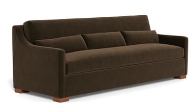 A contemporary upholstered sofa, viewed from a rear-side angle, featuring straight track arms, a slightly sloped back, and short block-style wooden feet. The entire piece is covered in a dark brown, subtly textured fabric. — 3D model