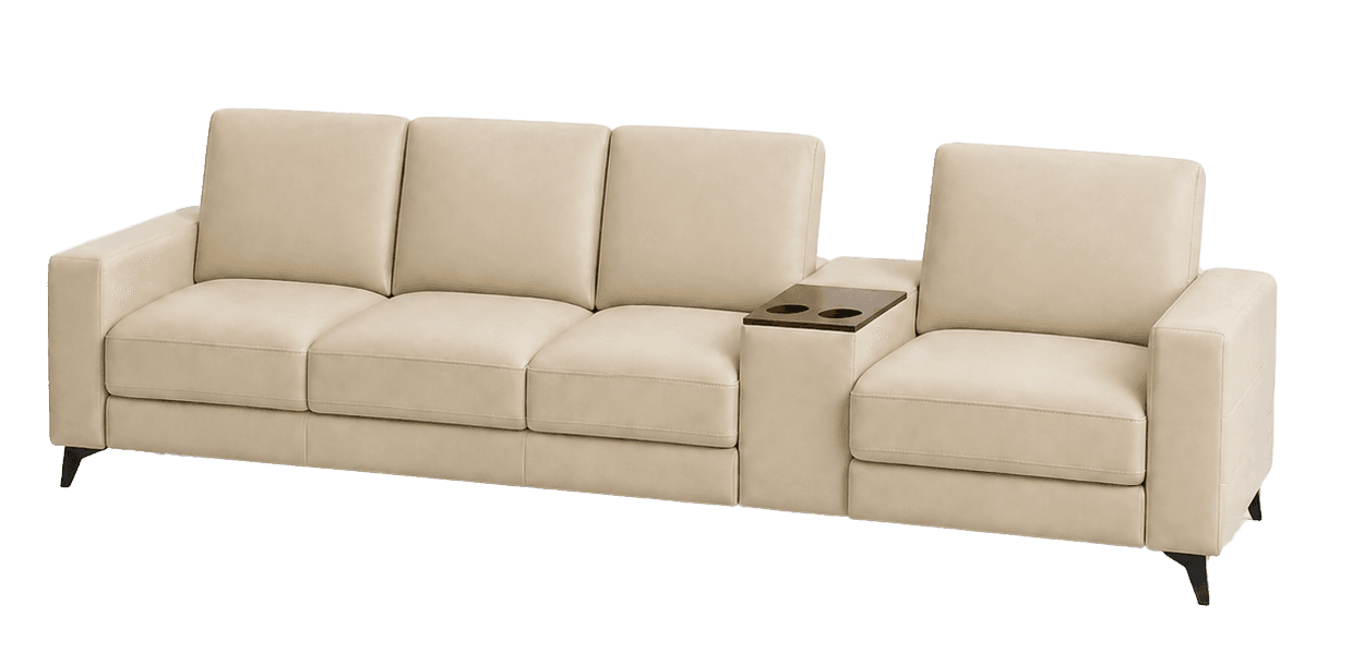 A contemporary sofa with a cream-colored upholstery, featuring a modular design. It is composed of multiple seat cushions and back cushions, with a console section integrated between two seating modules. The console includes a wooden top with two circular cutouts, likely for cup holders. The sofa is supported by slender, dark-colored legs. — 3D model