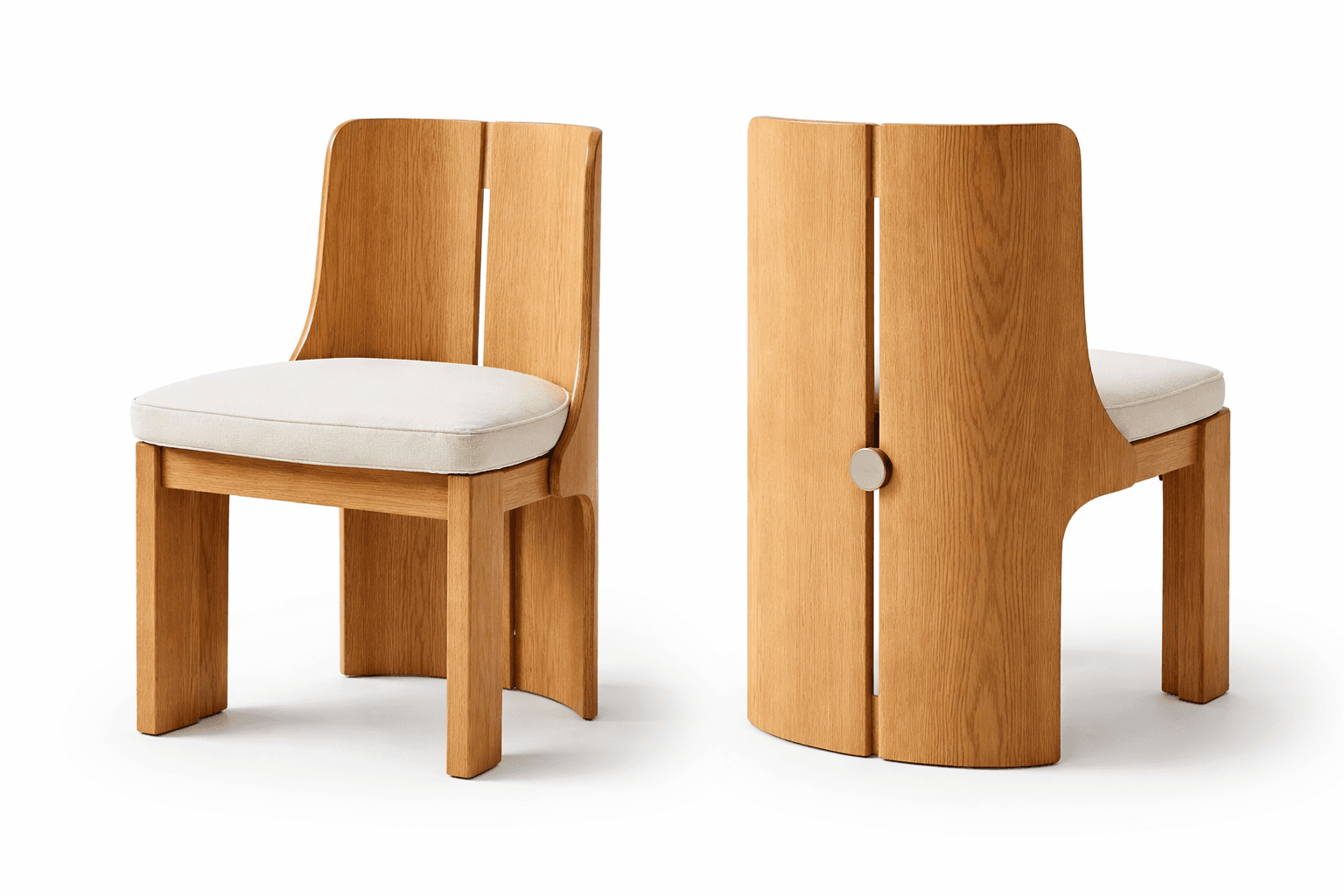 Two wooden chairs with cushioned seats are displayed against a black background. The chairs are constructed from light-colored wood, featuring a modern design with clean lines. The backrests are tall and slightly curved, with vertical slats. The seats are upholstered in a neutral-toned fabric. One chair is shown from the side, revealing its leg structure and the smooth finish of the wood. The other chair is shown from the back, highlighting a unique design element: a circular metallic accent embedded in the center of the backrest, bisected by the vertical wood grain. The overall aesthetic suggests contemporary design. — 3D model