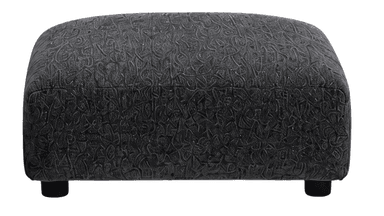 A rectangular upholstered ottoman with a low profile and four short, cylindrical black legs. The fabric has a textured, swirling pattern in a darker shade of gray. — 3D model