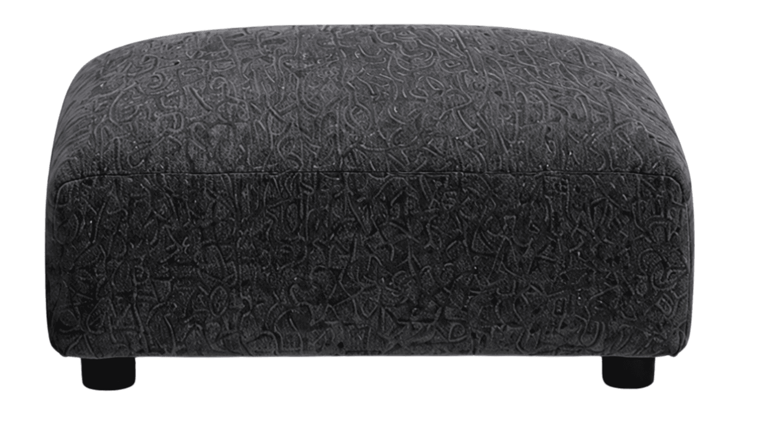A rectangular upholstered ottoman with a low profile and four short, cylindrical black legs. The fabric has a textured, swirling pattern in a darker shade of gray. — 3D model