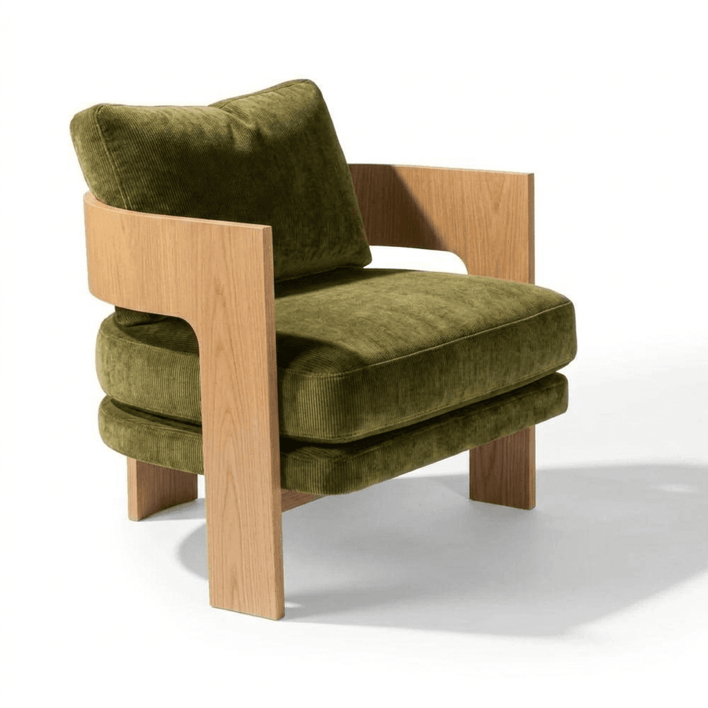 A contemporary lounge chair featuring a sturdy, light-toned wood frame and plush, olive green corduroy upholstery. The design is characterized by its wide, flat wooden armrests and deep, comfortable cushions for both the seat and back. — 3D model