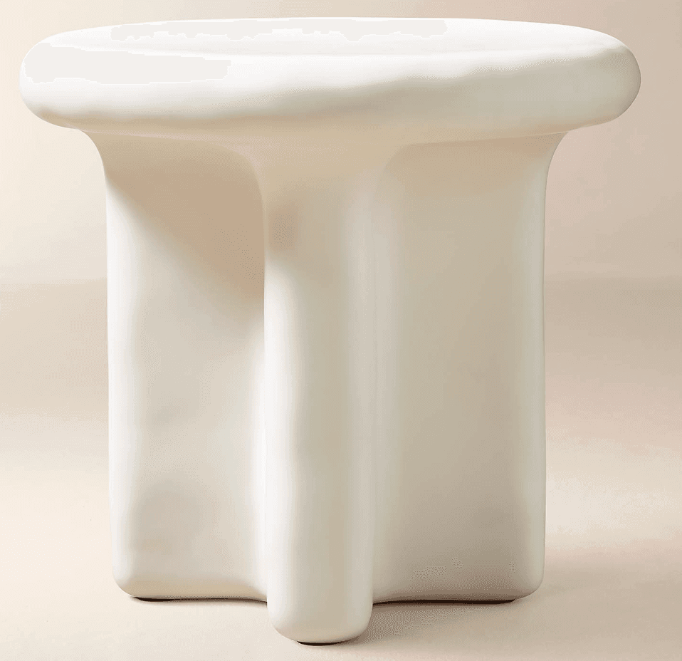 A sculptural white accent table featuring a rounded, slightly recessed top and three broad, organically shaped legs that merge into the tabletop and base. The table has a smooth, matte finish and appears to be made from a molded material like resin, giving it a soft, contemporary aesthetic. — 3D model