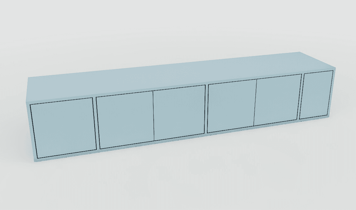 A long, low-profile cabinet with a smooth, light blue surface. It features six distinct rectangular cabinet doors arranged horizontally across its front. The doors are flush with the cabinet's frame and are outlined by thin black borders, suggesting a minimalist design. The cabinet appears to be a single unit, likely intended for storage. — 3D model