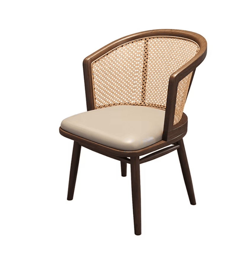 A contemporary dining armchair featuring a dark stained wooden frame, a woven cane backrest, and a light-colored upholstered seat cushion. The chair has a gently curved back, integrated armrests, and tapered legs, suggesting a blend of classic and modern aesthetics. — 3D model