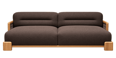 A contemporary two-seater sofa featuring a dark brown, textured fabric upholstery. The sofa incorporates a visible natural wood frame that extends along the base and forms the armrests. The armrests include woven panels, and the back cushions have subtle horizontal channel tufting. It is supported by four robust, rounded wooden block legs. — 3D model