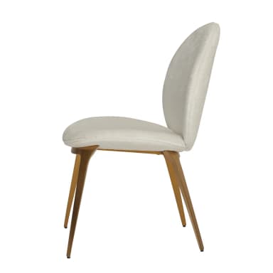 A contemporary accent chair featuring a rounded, upholstered back and seat in cream bouclé fabric, supported by splayed gold-tone metal legs. — 3D model