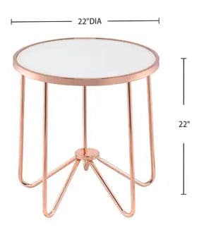 A modern, round side table featuring a white circular tabletop framed by a rose gold metallic rim. The base consists of slender rose gold-finished metal rods that form splayed legs, meeting at a central disc-shaped hub. — 3D model