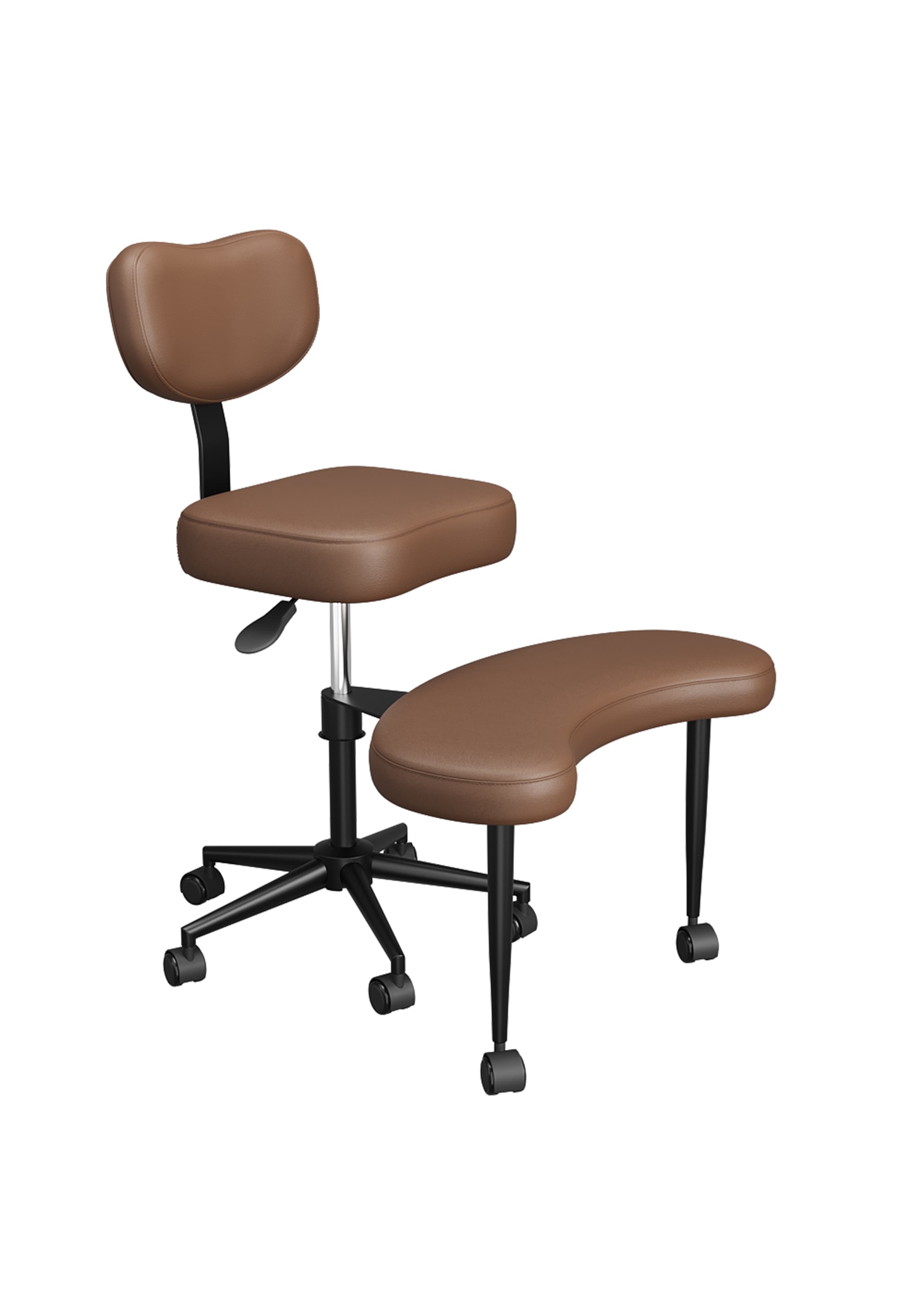 An ergonomic kneeling office chair featuring brown faux leather upholstery, a separate padded knee/shin rest, and a curved backrest. It is equipped with a height-adjustable gas lift and five-star wheeled base for mobility. — 3D model