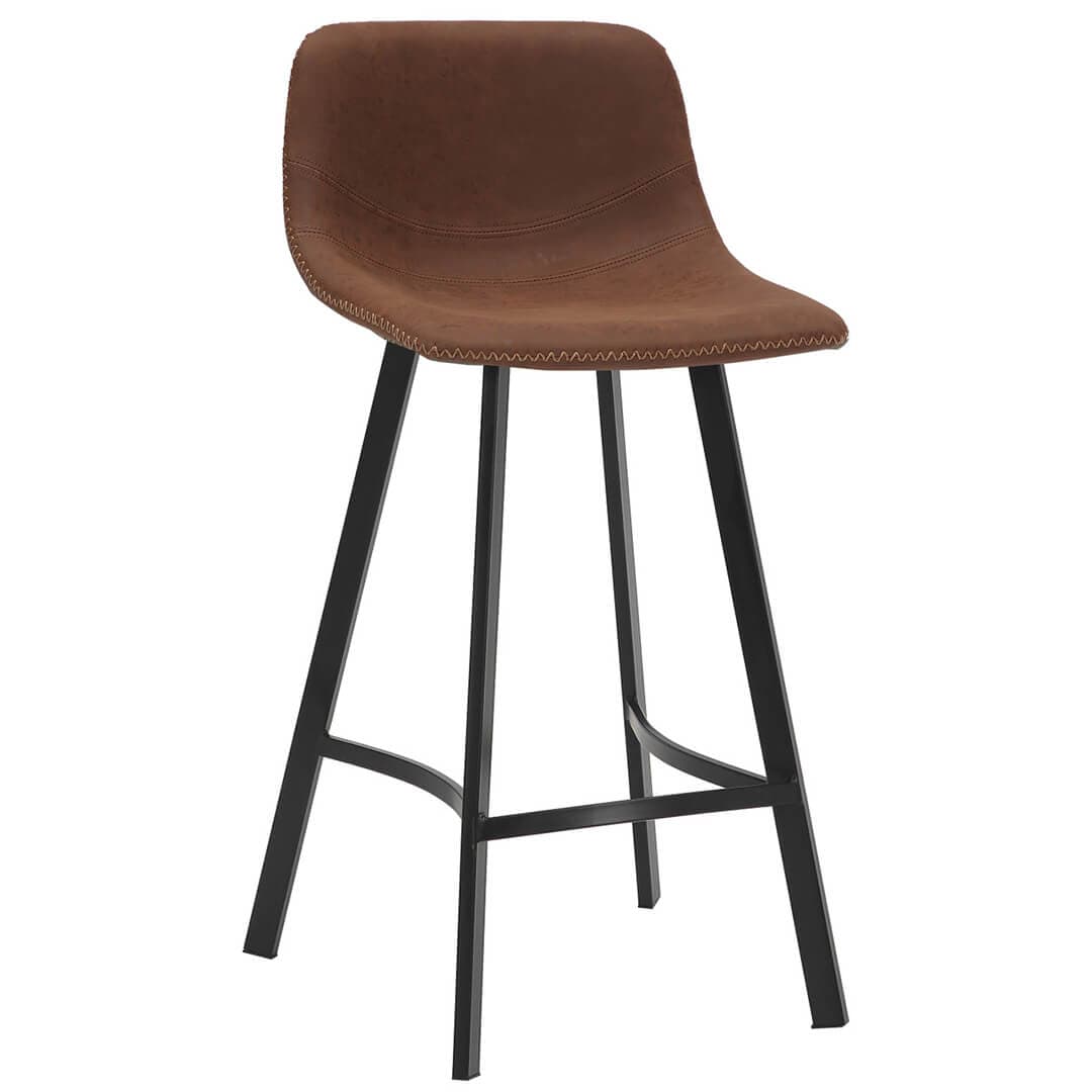 A contemporary bar stool featuring a contoured, brown faux leather seat and backrest, supported by a black powder-coated metal frame with an integrated footrest. The upholstery has distinctive zig-zag stitching along the edges and two horizontal stitch lines on the back. — 3D model