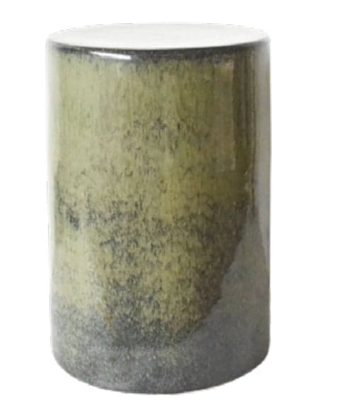 A cylindrical ceramic stool or accent table with a mottled, two-tone glazed finish, transitioning from olive green to dark grey. — 3D model