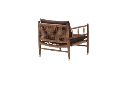 A wooden armchair with a woven seat and a fabric cushion and back pillow. The chair has a natural wood finish and a modern design with a slightly rustic appeal due to the woven elements. It features a slatted backrest and angled legs. — 3D model