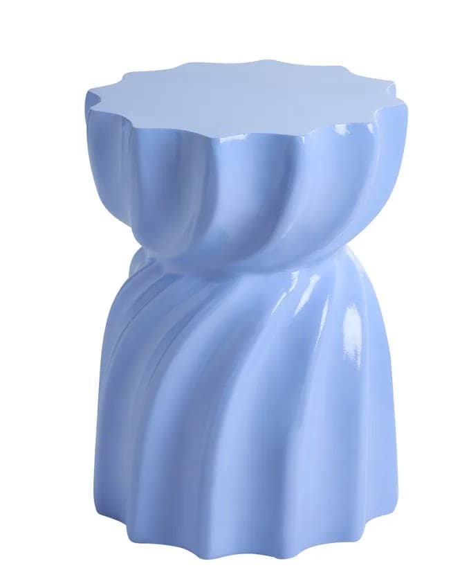 A light blue, glossy stool with a twisted, sculptural design. The top surface is flat with a slightly undulating edge, and the body features a prominent spiral or twisted fluting that tapers inwards towards the middle and then expands outwards towards the base. The base also has a slightly scalloped edge. The overall form is reminiscent of a stylized flower or a draped fabric. — 3D model
