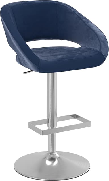 A modern swivel bar stool featuring a bucket-style seat upholstered in dark blue velvet, mounted on a brushed silver metal pedestal base with a circular footrest and a circular floor plate. An adjustment lever is visible beneath the seat. — 3D model