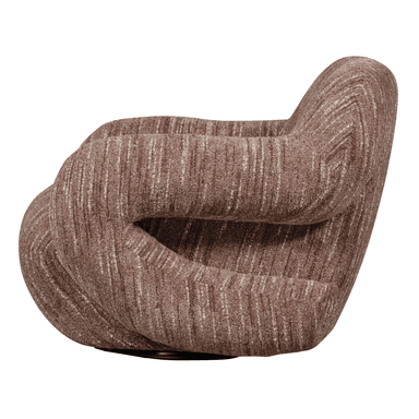 A top-down view of a single-seat armchair. The armchair features a textured upholstery with a vertical stripe pattern in shades of brown and off-white. The arms and seat are integrated into a single, rounded form, suggesting a modern or transitional style. The base is not fully visible but appears to be a dark, possibly black, swivel base. — 3D model