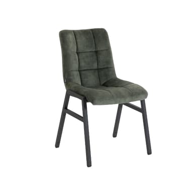 A contemporary dining chair featuring a padded, curved backrest upholstered in a dark green, textured fabric. The chair's frame consists of slender, black-finished metal legs, providing a minimalist and sturdy foundation. The image captures the chair from the rear, highlighting the seamless transition from the upholstered back to the leg structure. The clean lines and monochromatic palette suggest a modern aesthetic suitable for various interior designs. — 3D model