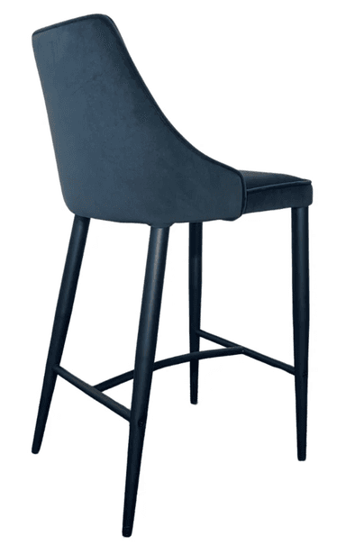 A contemporary bar stool with a plush, upholstered seat and backrest, supported by four slender, dark-colored legs connected by a footrest. — 3D model
