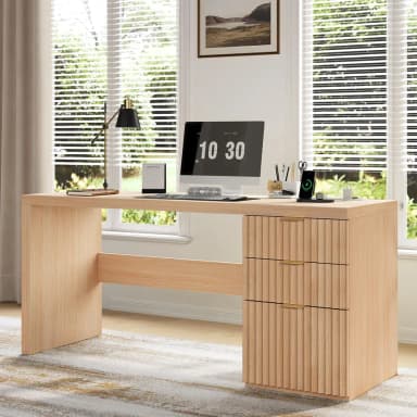 A modern, light-toned wood desk featuring a clean, minimalist design. It has a broad rectangular top and a single, thick panel leg on the left side, creating a 'waterfall' effect. On the right, an integrated three-drawer cabinet supports the tabletop. The drawer fronts are adorned with vertical fluted detailing, and each drawer is fitted with a slender, gold-toned bar pull. The overall aesthetic is sleek and contemporary. — 3D model