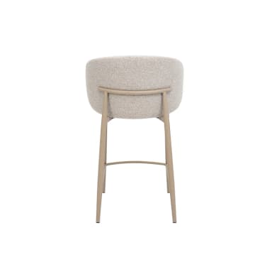 A modern bar stool with a rounded, upholstered seat and backrest. The frame consists of four slender, tapered legs connected by a subtle crossbar near the base and a curved element supporting the backrest. The upholstery features a textured, woven fabric. — 3D model