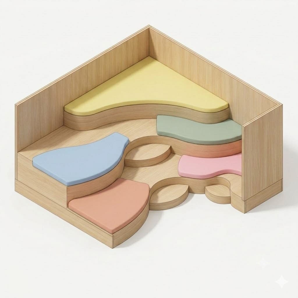 A corner-fitting, multi-level seating unit constructed from light wood, featuring several individual, organically shaped upholstered cushions in pastel colors. The unit includes low wooden walls that enclose the seating area, creating a defined nook. The seating surfaces are at varying heights and depths, with rounded edges, and are fitted with cushions in yellow, green, blue, and pink. The overall aesthetic is modern and playful. — 3D model