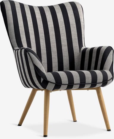 A contemporary upholstered lounge chair featuring a distinctive black and light gray striped fabric. The chair has a gently curved, high backrest and integrated armrests, all finished with piping along the seams. It is supported by four splayed, tapered wooden legs with dark protective caps. The overall design suggests comfort and a modern aesthetic. — 3D model