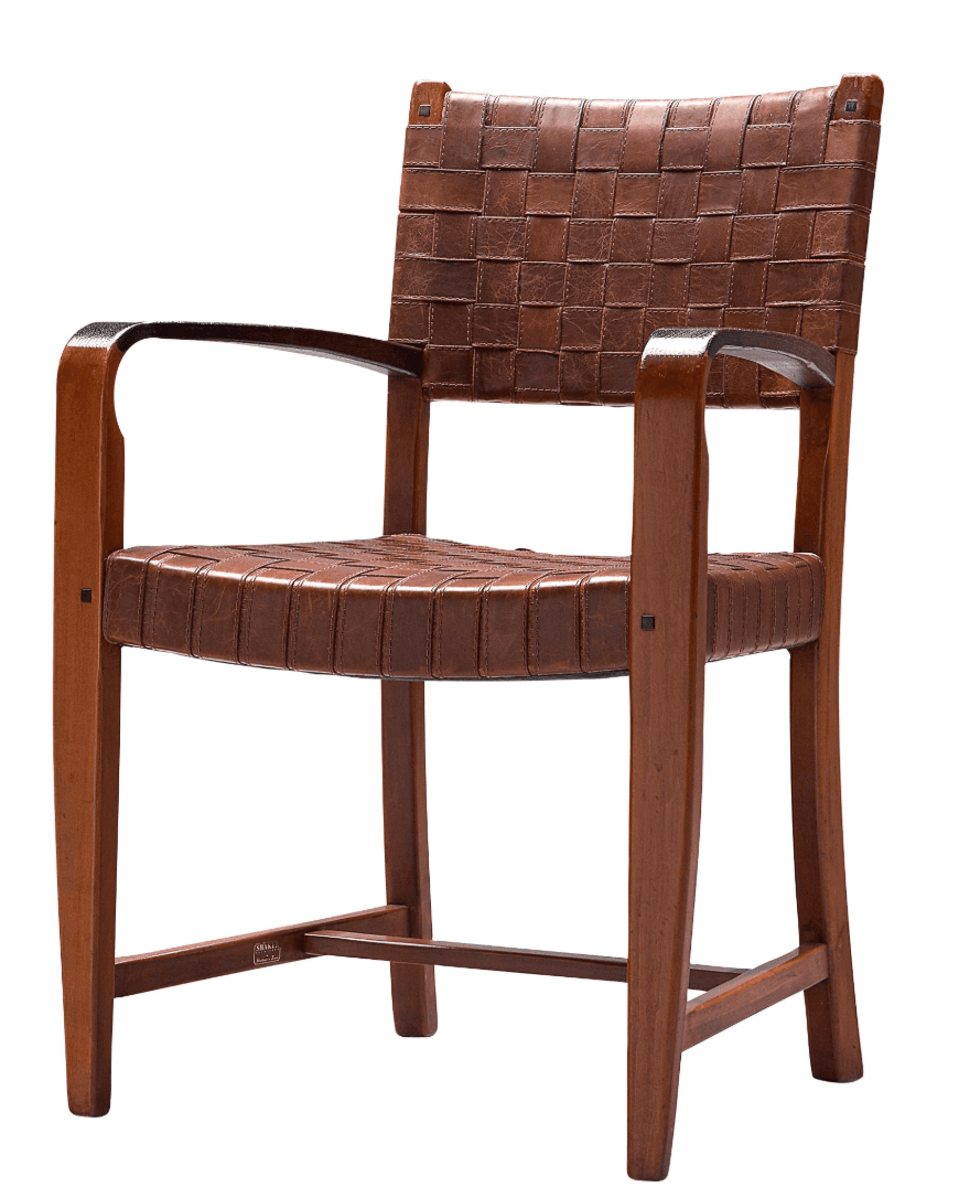 A wooden armchair with woven leather upholstery on the seat and backrest. The frame appears to be made of polished wood, with curved armrests and a minimalist design. The leather is a rich brown color and is woven in a basketweave pattern. — 3D model