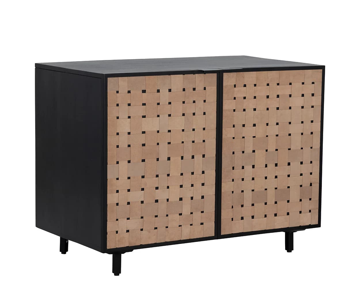 A two-door cabinet with a black exterior frame and legs, and a woven natural material front. The cabinet has a rectangular top and stands on four short, cylindrical black legs. The front doors are composed of a grid pattern of interwoven strips of light brown material, possibly leather or wood veneer, creating a visually textured surface. The cabinet appears to be of modern design. — 3D model