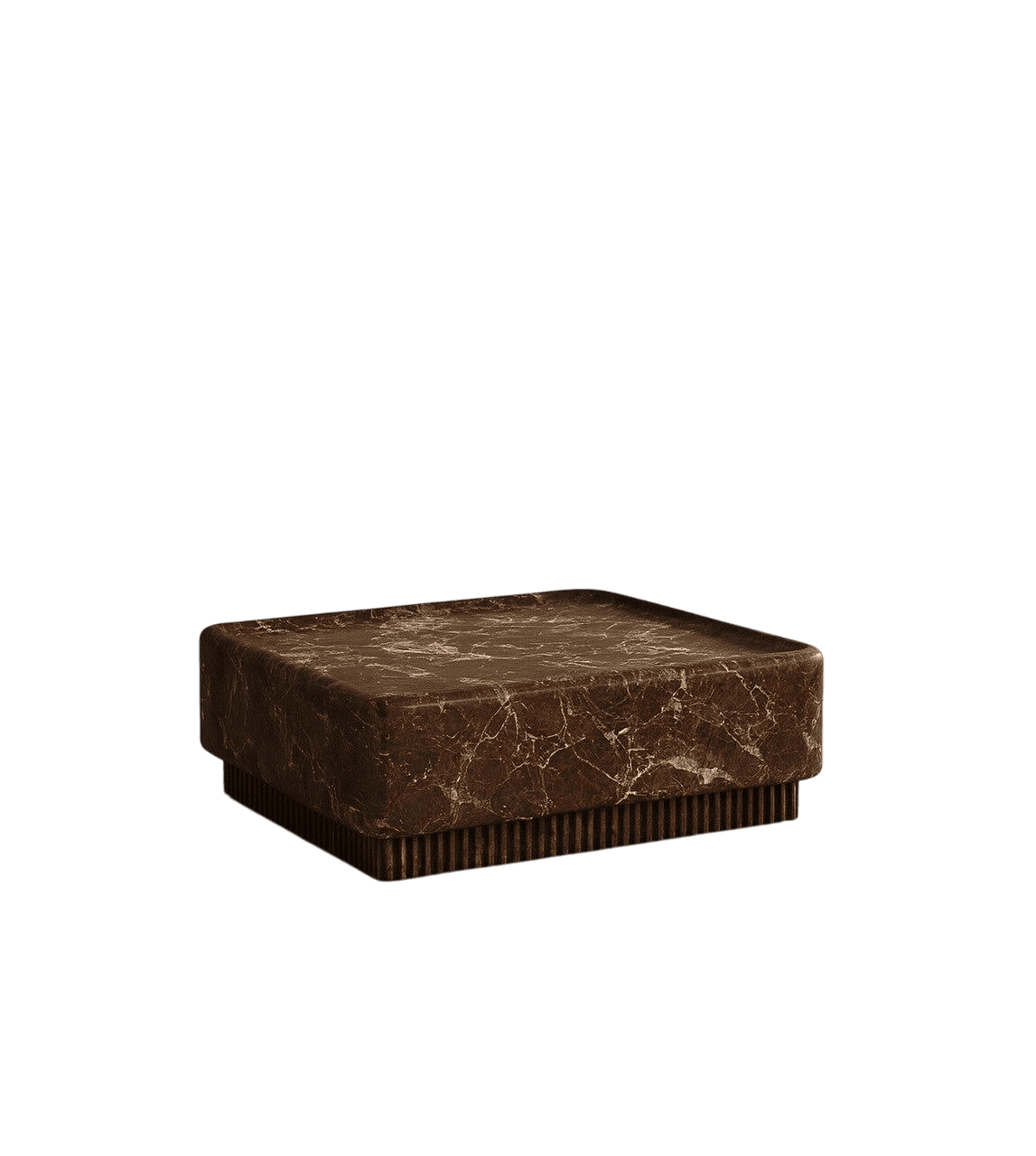 A contemporary coffee table with a square marble top featuring a rich brown veining pattern. The base consists of a ribbed wood structure, providing a contrasting texture and a slightly elevated profile. The edges of the marble top are rounded for a softer appearance. — 3D model