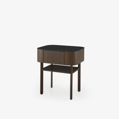 A modern nightstand featuring a dark brown wood body with rounded corners, a black marble top, and an open shelf beneath a handle-less drawer, supported by four slender legs. — 3D model