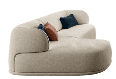 A contemporary organic chaise sofa upholstered in a light beige, highly textured fabric. The sofa features fluid, curved forms, including a gently sloped backrest that transitions into a rounded armrest on one side, and an integrated chaise lounge section on the other. It comes with two accent pillows, one deep blue and one rust orange. — 3D model