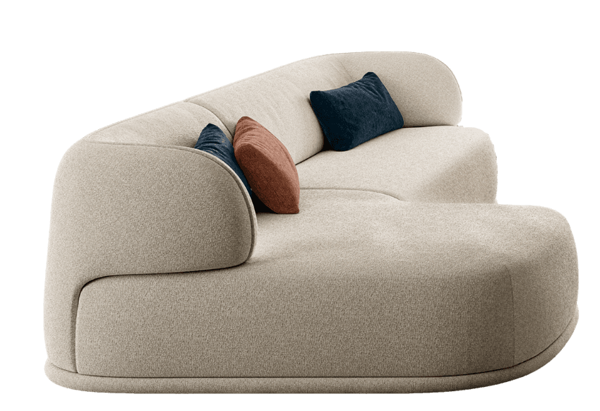 A contemporary organic chaise sofa upholstered in a light beige, highly textured fabric. The sofa features fluid, curved forms, including a gently sloped backrest that transitions into a rounded armrest on one side, and an integrated chaise lounge section on the other. It comes with two accent pillows, one deep blue and one rust orange. — 3D model