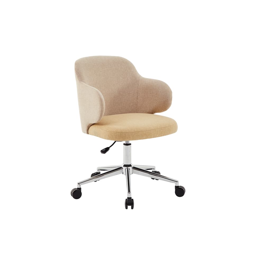 A modern upholstered office chair featuring a beige fabric seat and back, an integrated armrest design, a chrome-finished five-star base with casters, and a height adjustment lever. — 3D model